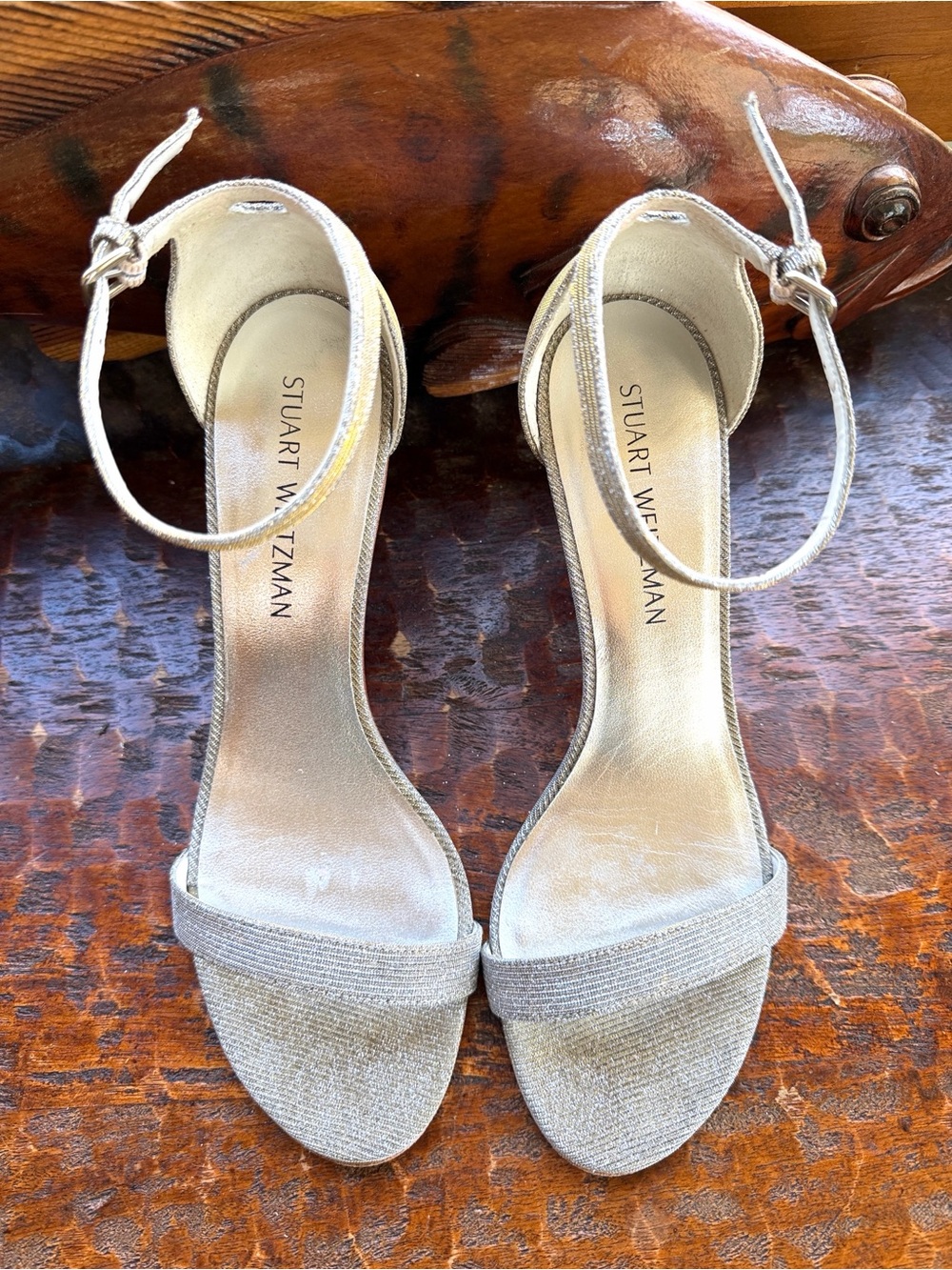 Stuart Weitzman Sparkle Glitter Strappy Heels Silver Gold 9M Wedding Nudist 75 - Picture 10 of 11